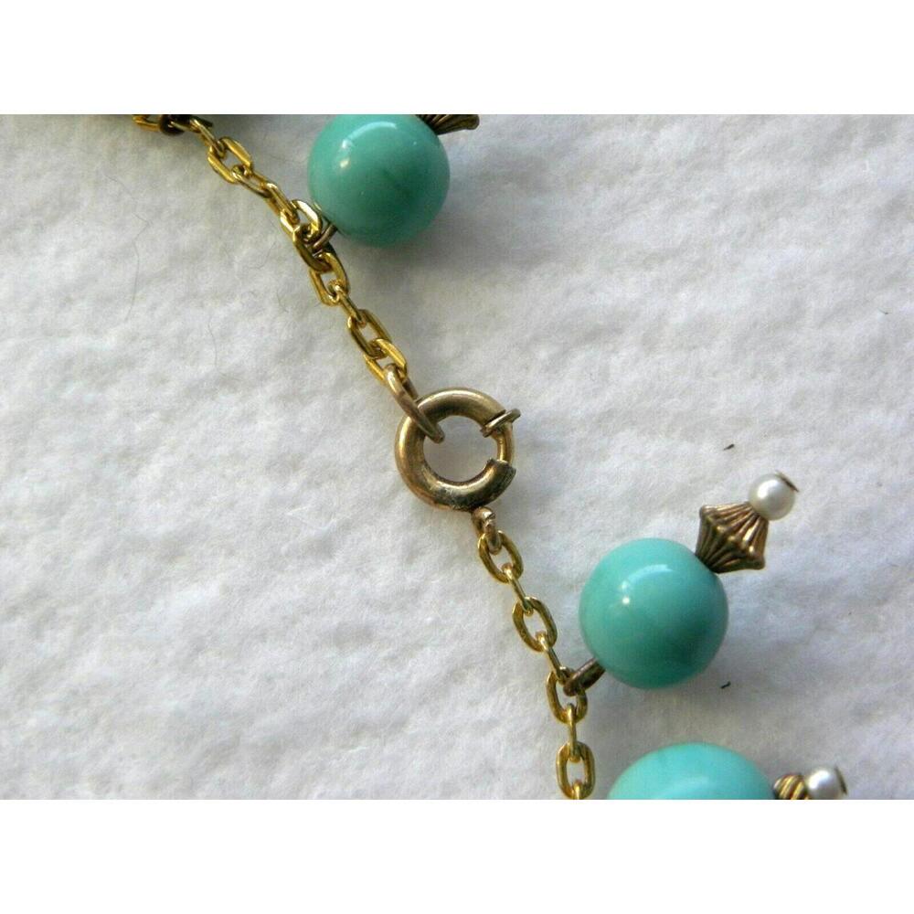 Vintage Early Miriam Haskell Turquoise Bead Necklace Pearl Gold Tone - Picture 4 of 6